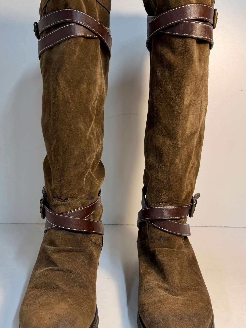 Madden Girl Brown Suede Knee-High Heeled Boots with Dark Brown Straps